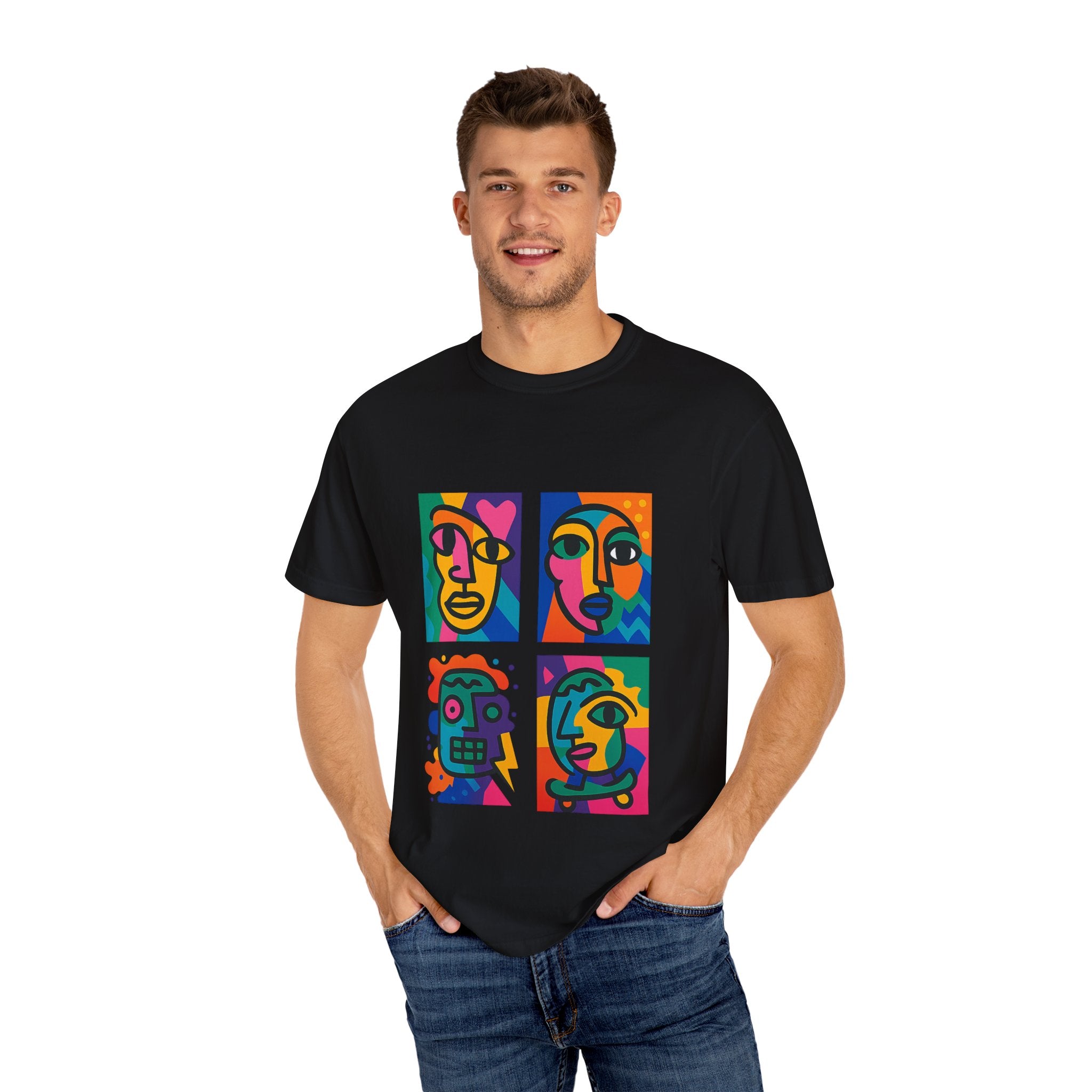 Abstract Pop Art Faces T-Shirt — Colorful Cubist Portrait Graphic Tee